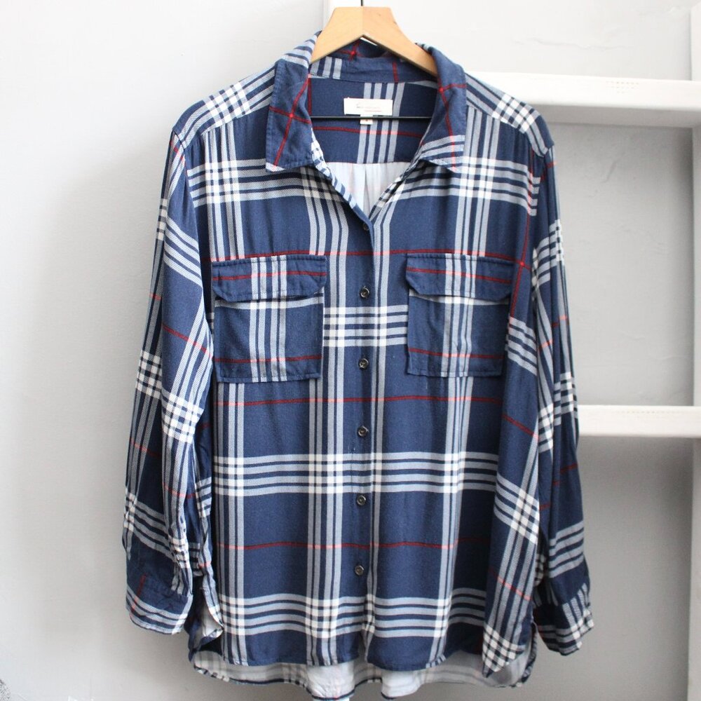 Two by Vince Camuto Women's Blue Red‎ Plaid Long Sleeve Button Shirt Size XL